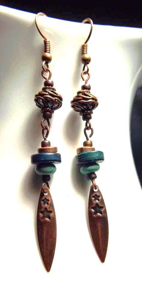 Antiqued Copper and Dyed Wood Heishi Bead Earrings