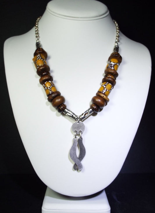 Chunky Brown and Gold African Trade Bead Necklace & Silver Pendant
