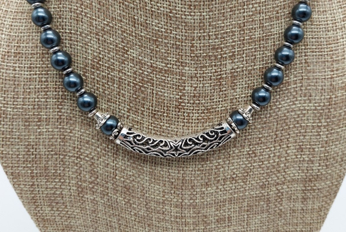 Black glass pearl with silver scroll focal necklace