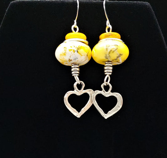 Yellow marbled howlite heart earrings