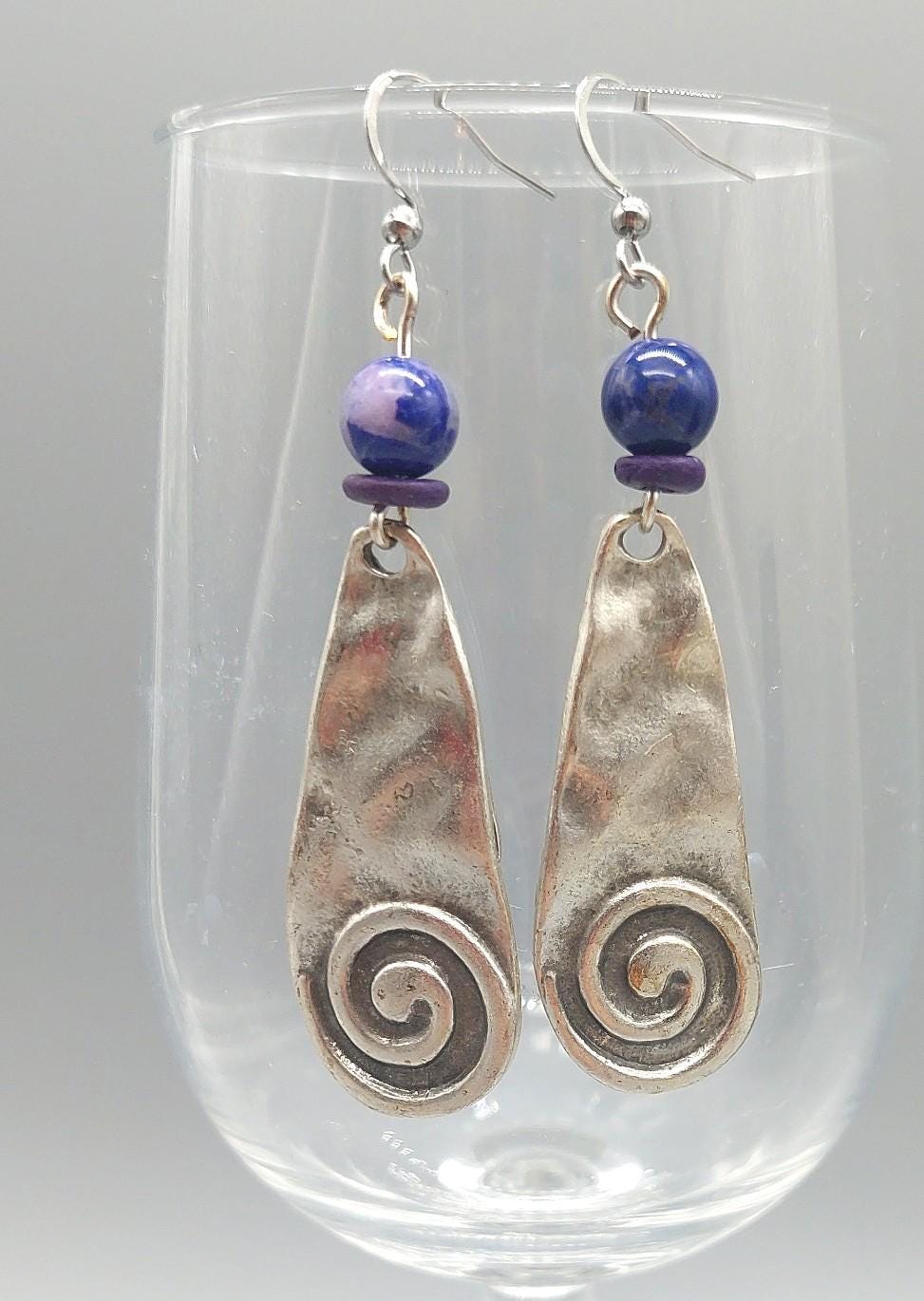 Twilight Swirl Sodalite Gemstone and Silver Zamak Earrings