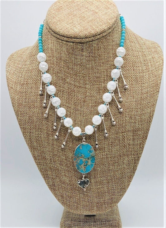Turquoise Sea Sediment Jasper Pendant Necklace with White Crackle Agate
