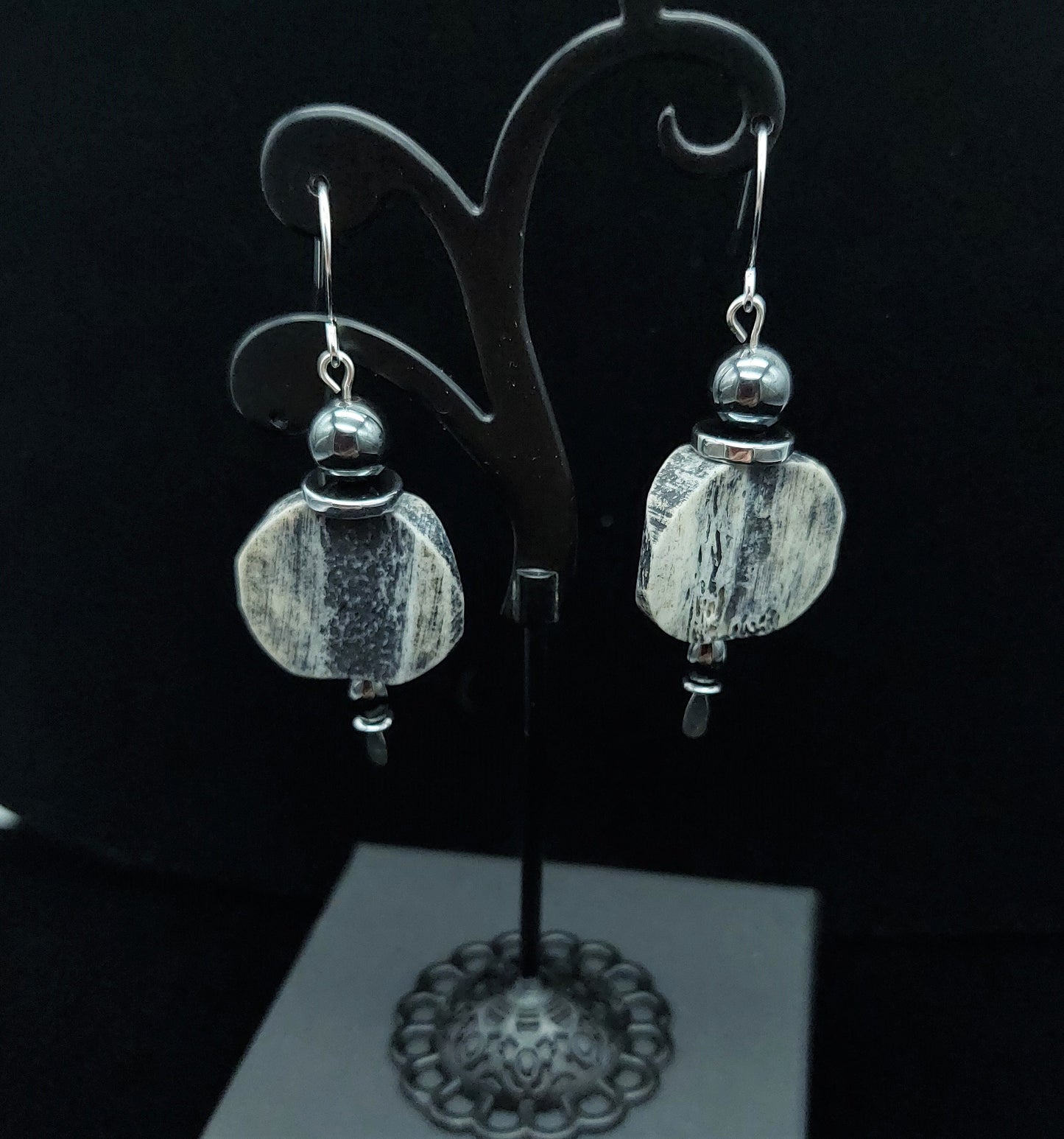 Grey carved bone earrings; gift him her they; Winged Penny Designs