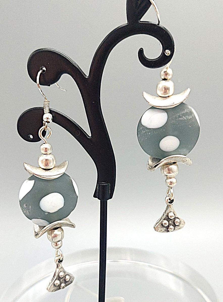Gray and white swiss dotted glass earrings