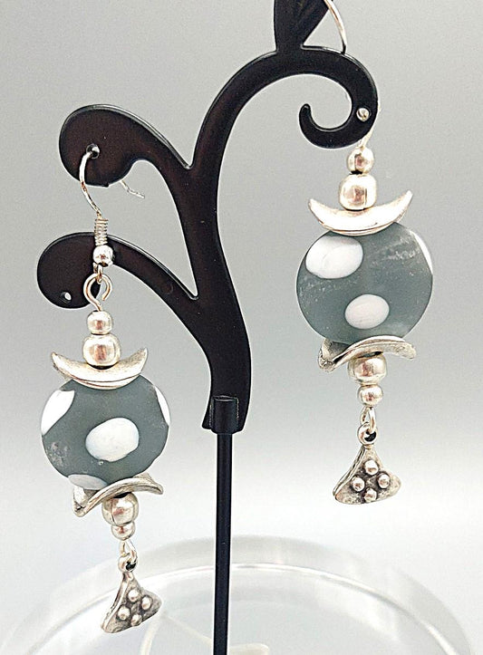 Gray and white swiss dotted glass earrings