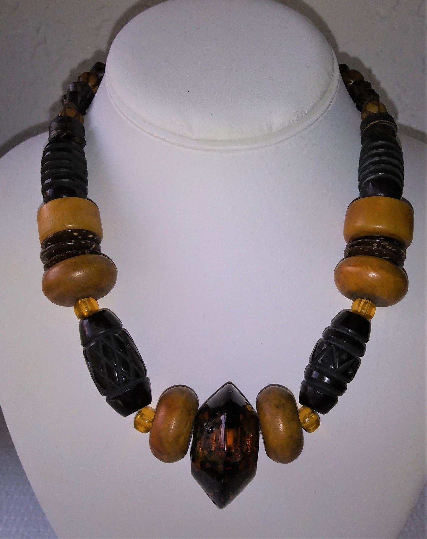 Ethnic Inspired Brown Chunky Carved Tibetan Bead Necklace
