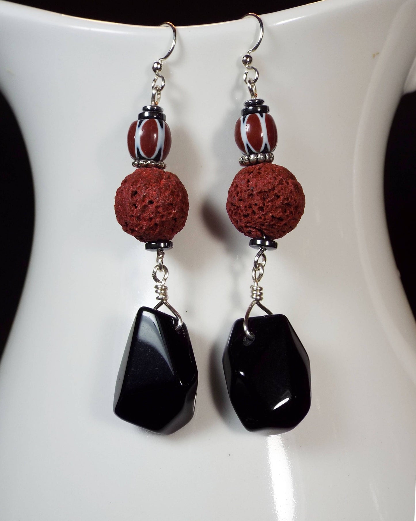 Black Onyx with Red Lava Bead & African Trade bead earrings
