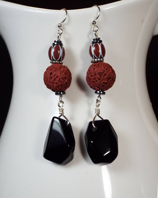 Black Onyx with Red Lava Bead & African Trade bead earrings