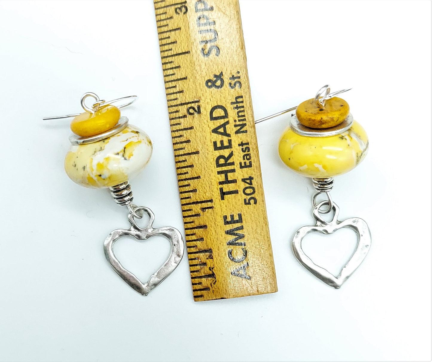 Yellow marbled howlite heart earrings