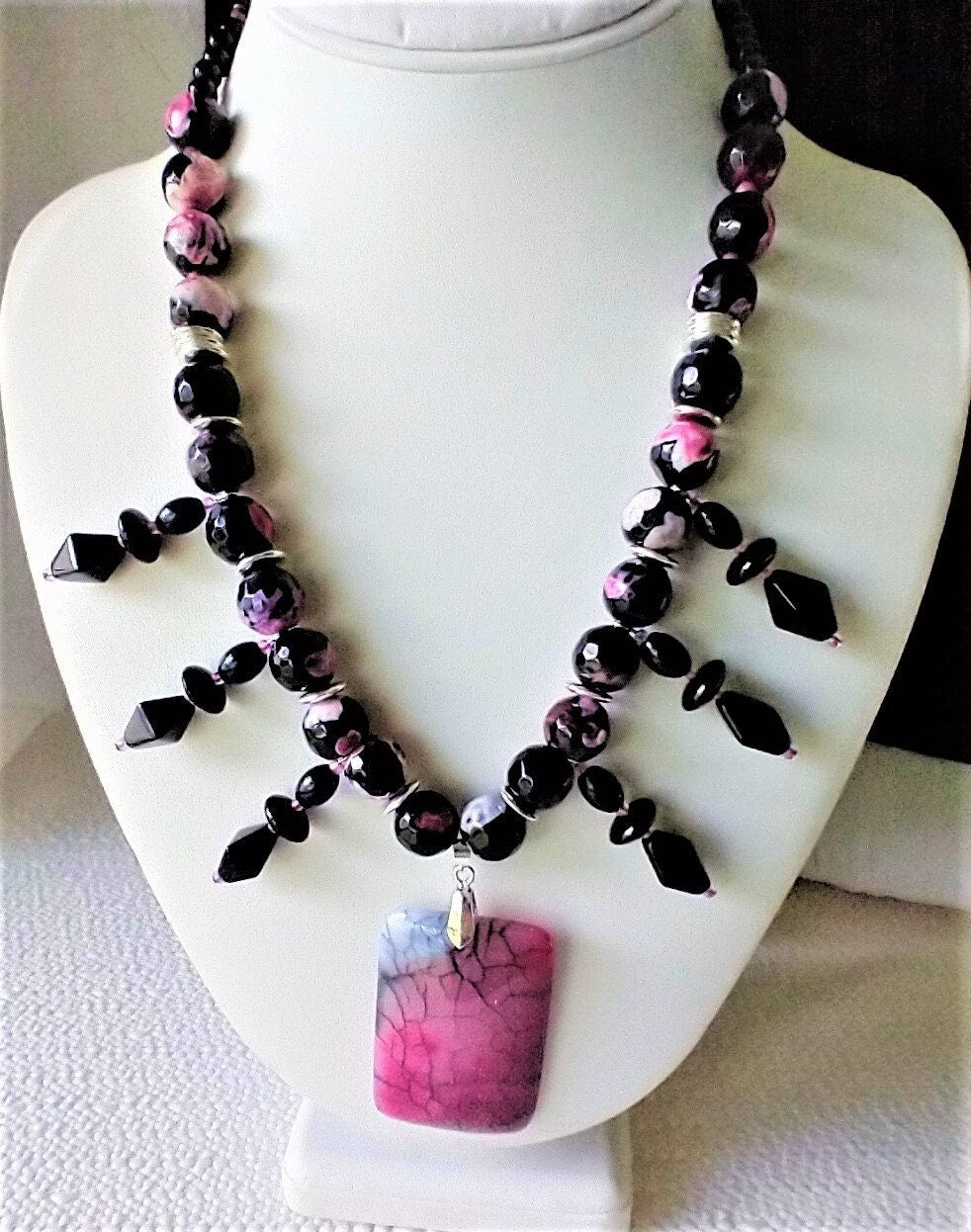 Dragonskin Pink & Black Agate Pendant Necklace