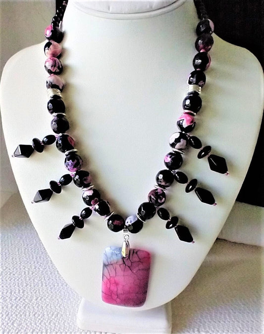 Dragonskin Pink & Black Agate Pendant Necklace