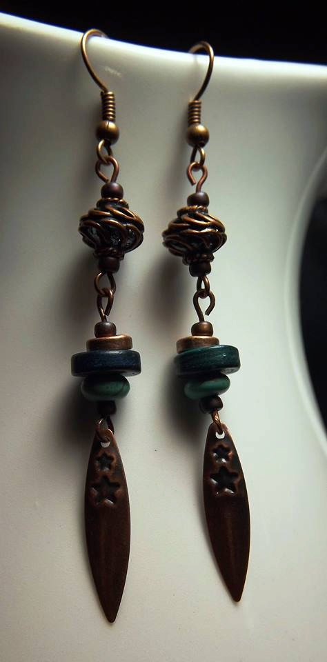 Antiqued Copper and Dyed Wood Heishi Bead Earrings