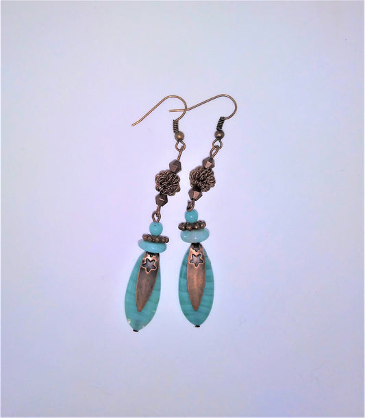 Turquoise Glass & Antiqued Copper Dangle Earrings