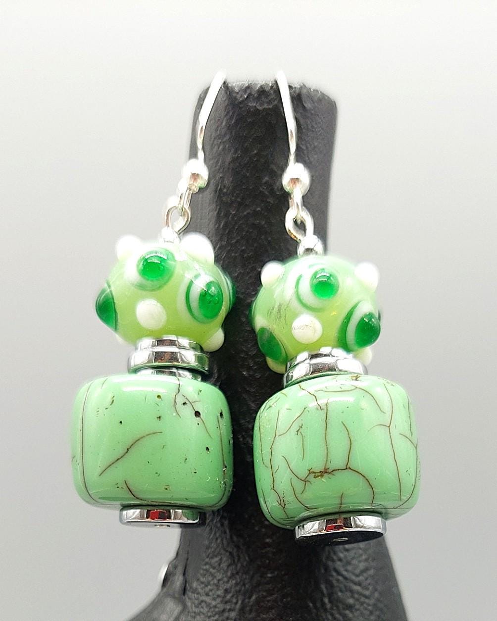 Minty Green Howlite and Lampwork Bead Earrings
