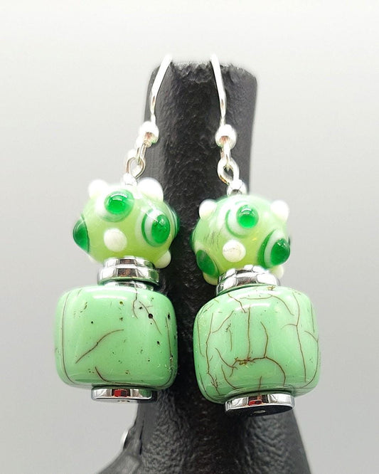 Minty Green Howlite and Lampwork Bead Earrings