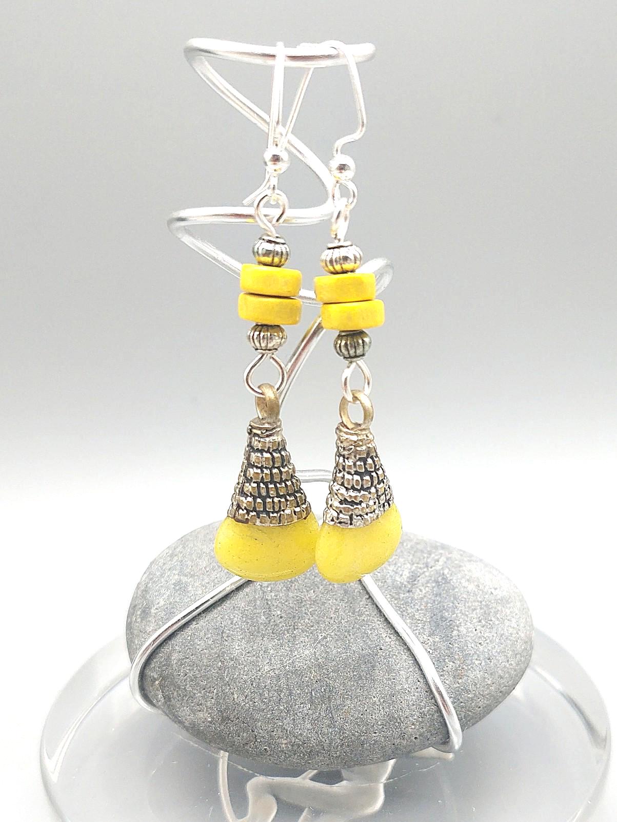 Yellow Tibetan Drop and Yellow Heishi Wood Earrings