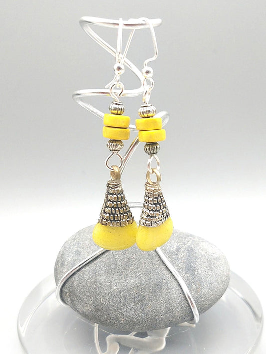 Yellow Tibetan Drop and Yellow Heishi Wood Earrings