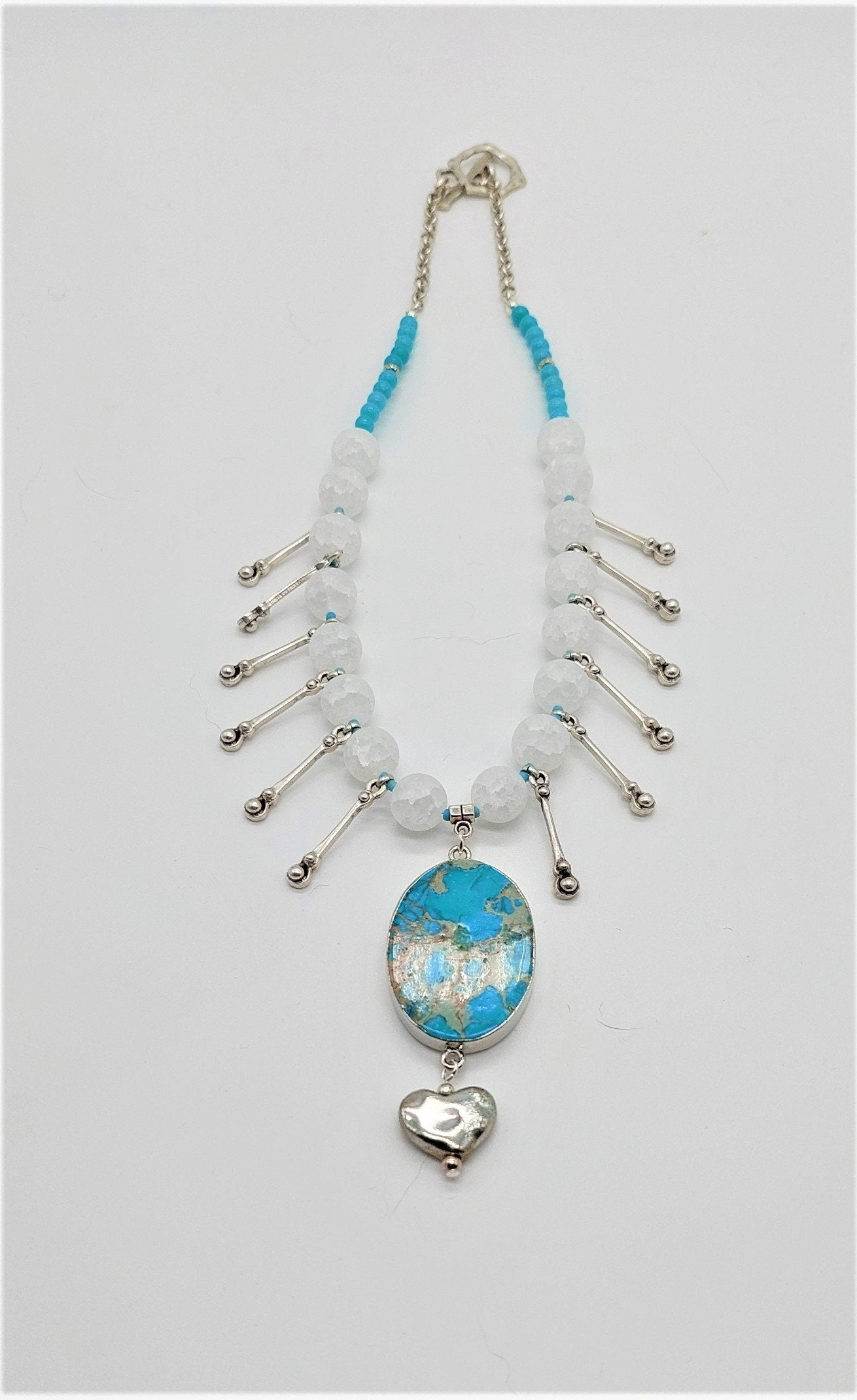 Turquoise Sea Sediment Jasper Pendant Necklace with White Crackle Agate