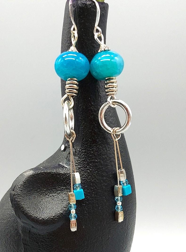 Turquoise Agate Gemstone Bead and Dangle Drop Earrings with Silver Accents