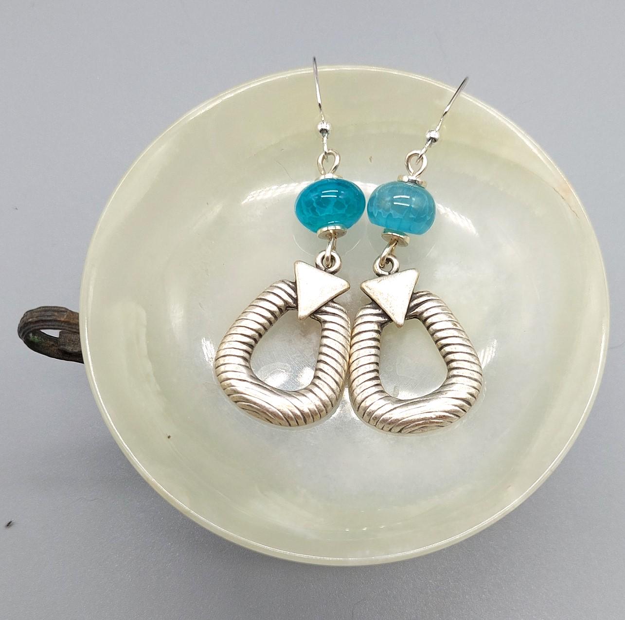 Aqua Agate Gemstone Bead Earrings with Textured Silver Zamak Dangles