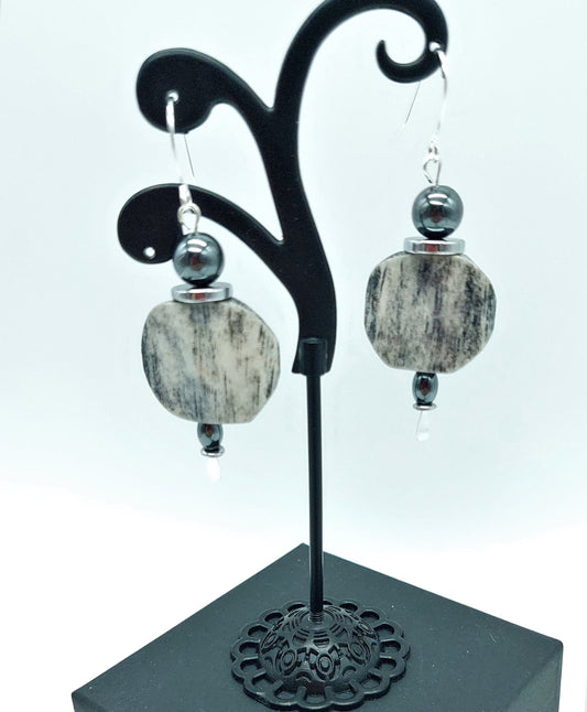 Grey carved bone earrings; gift him her they; Winged Penny Designs