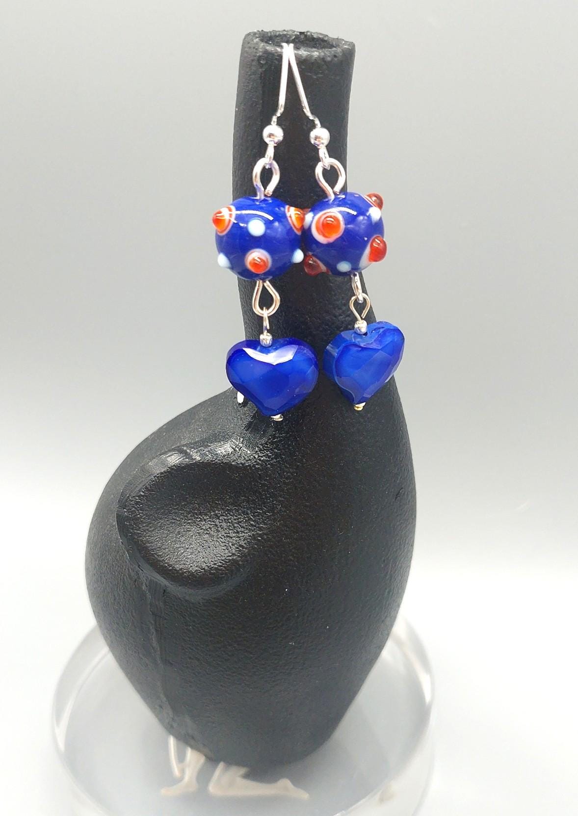 Electric Blue Romance Glass Heart and Lampwork Bead Earrings