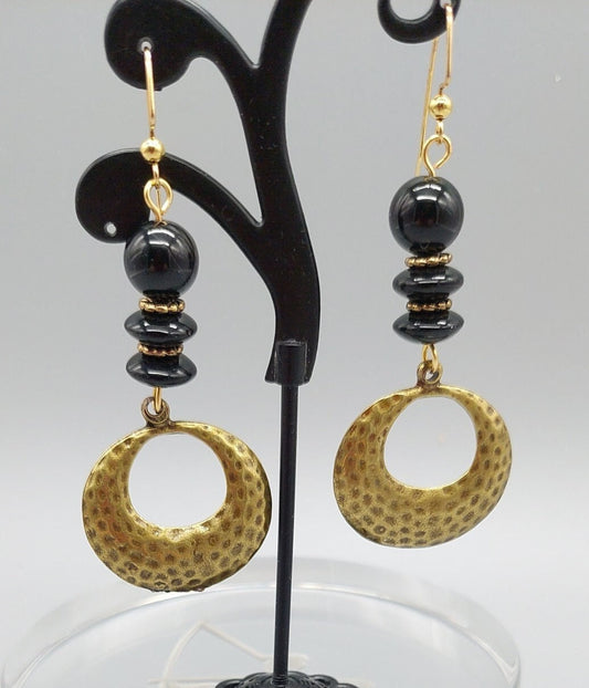 Hammered antiqued gold and black dangle earrings
