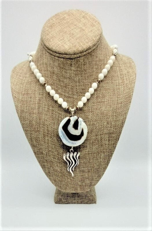White and brown faceted agate pendant long necklace