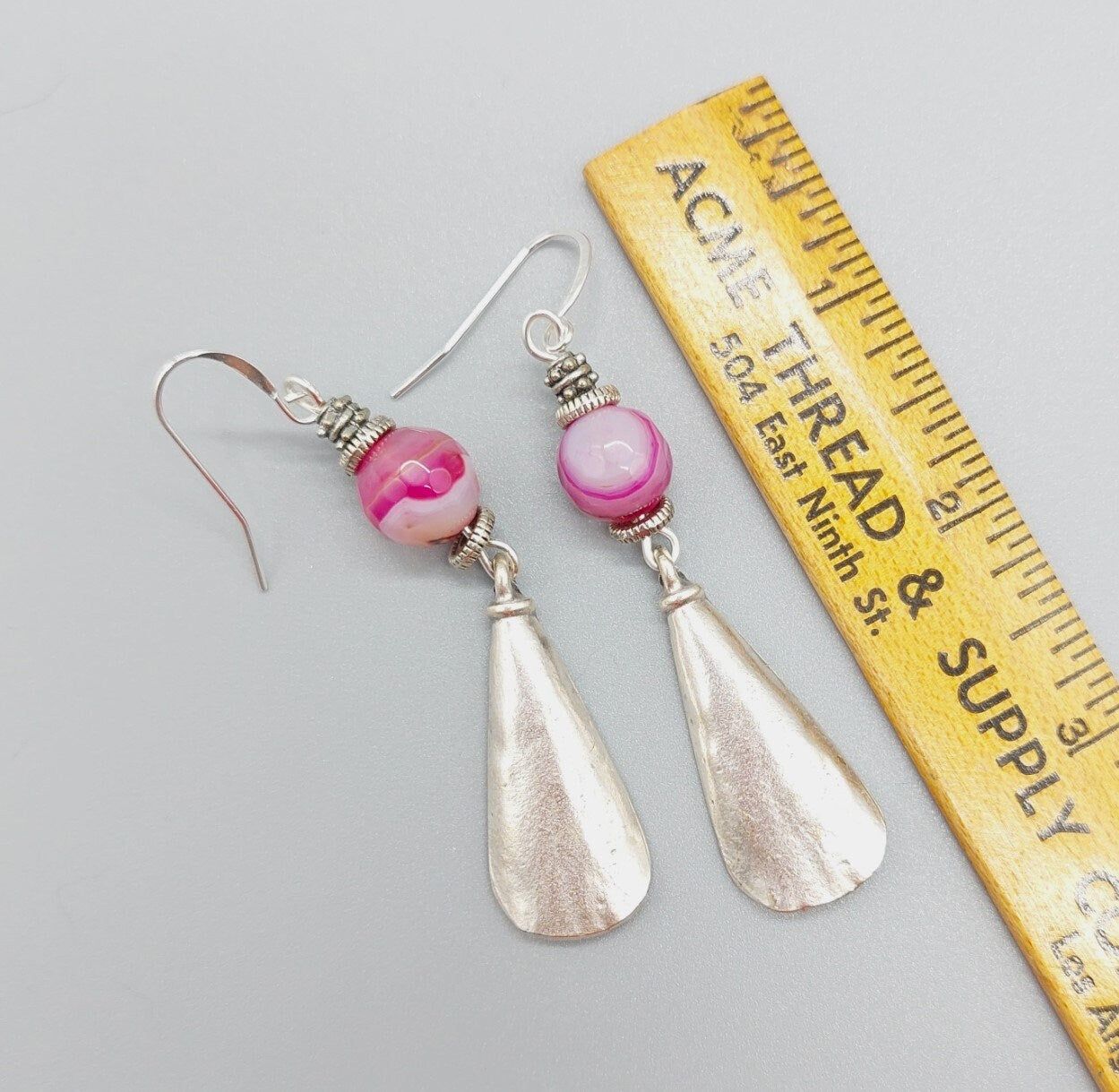 Banded pink agate with silver plated Zamak drop earrings