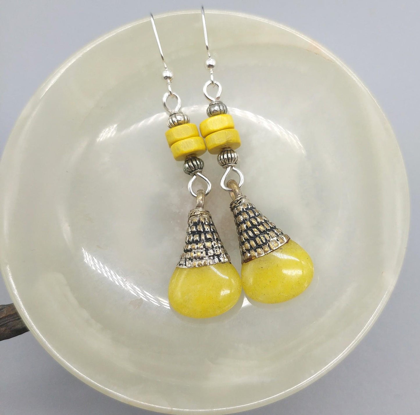 Yellow Tibetan Drop and Yellow Heishi Wood Earrings