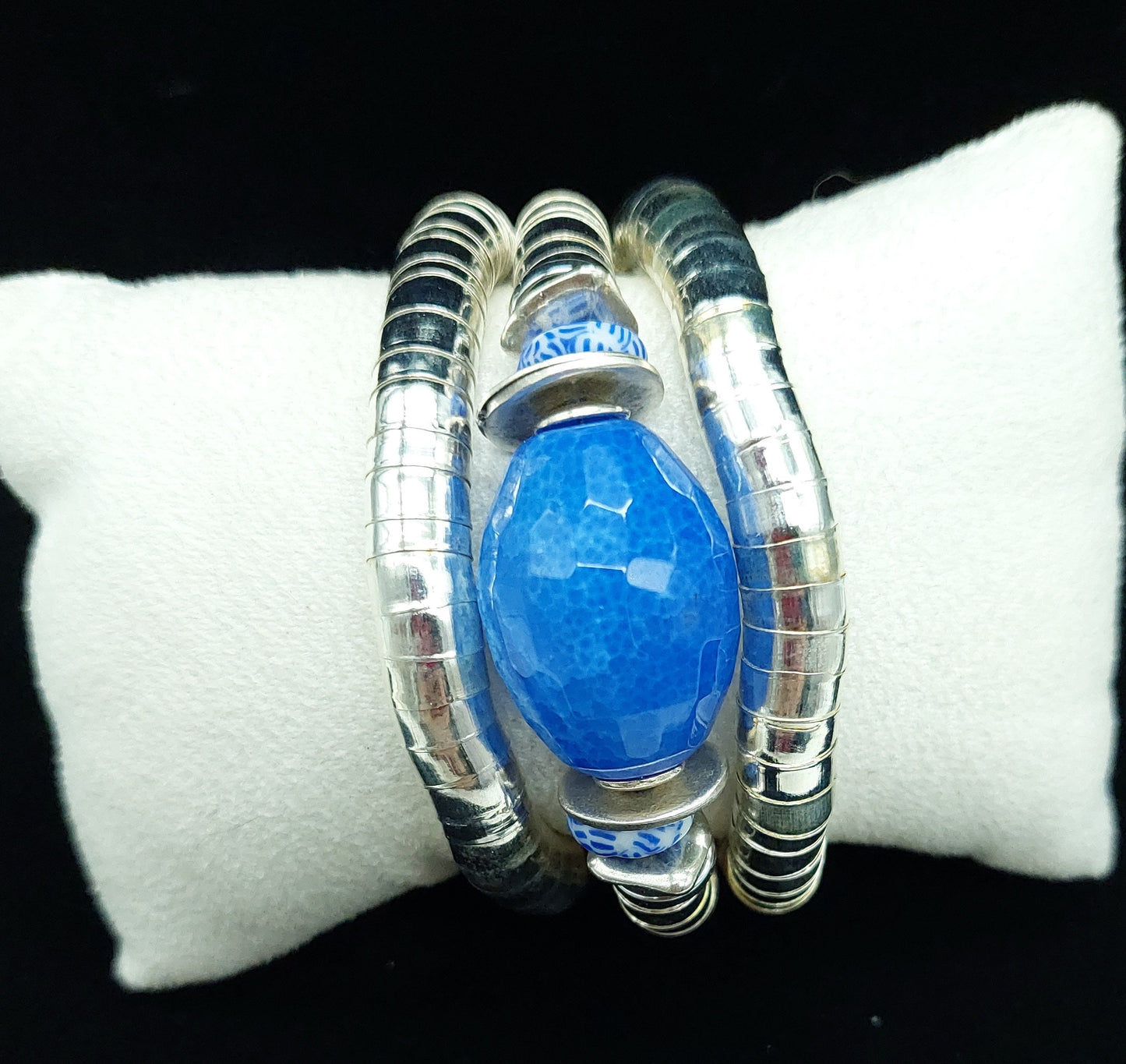 Bold cornflower blue agate gemstone wrap bracelet. One size fits most