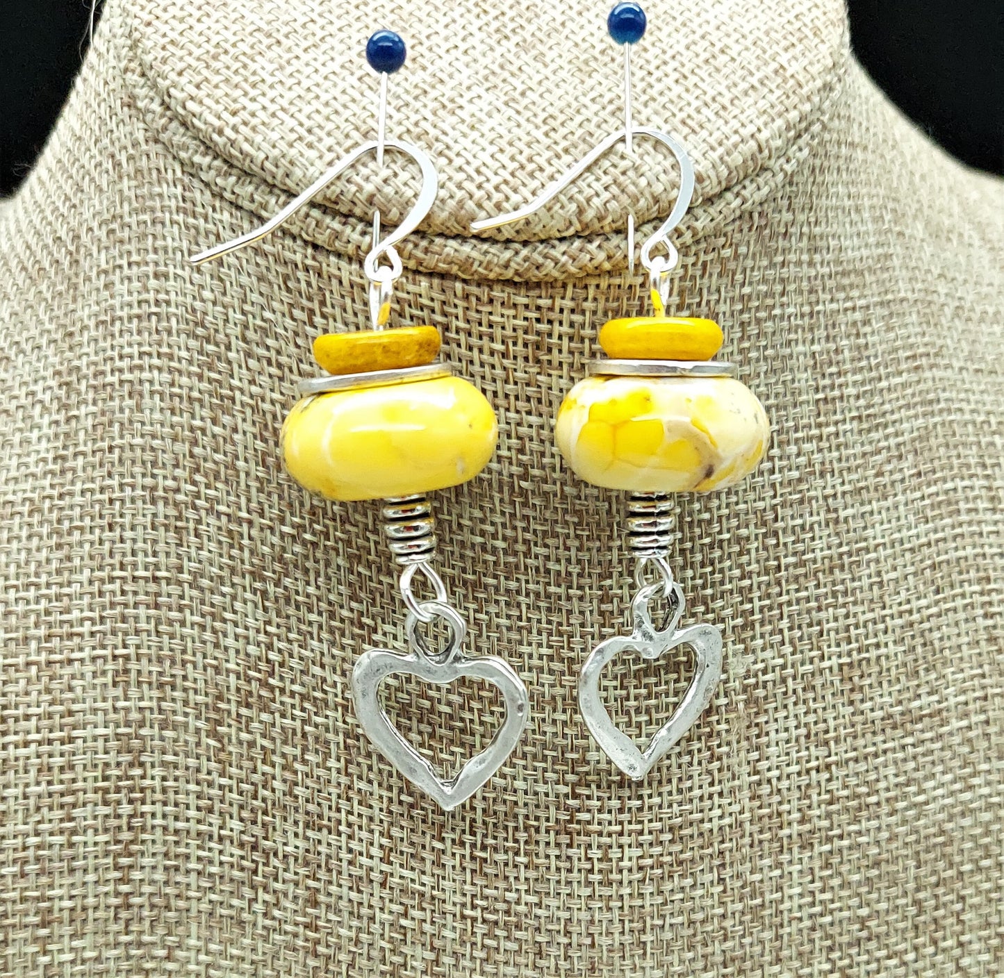Yellow marbled howlite heart earrings