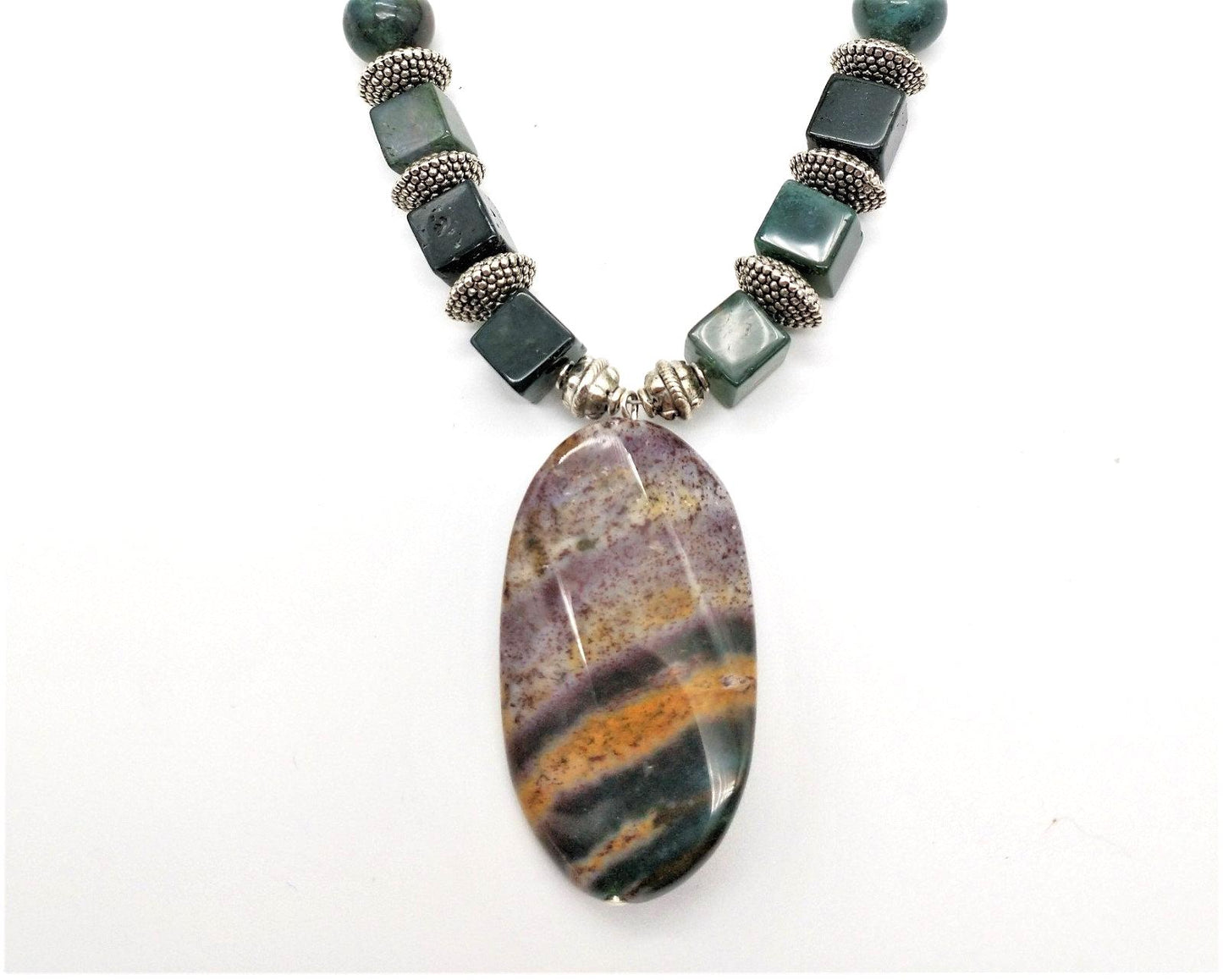Green and Burgundy Stripe Jasper Pendant Necklace