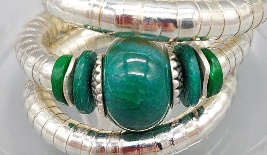 Forest green round agate gemstone wrap bracelet