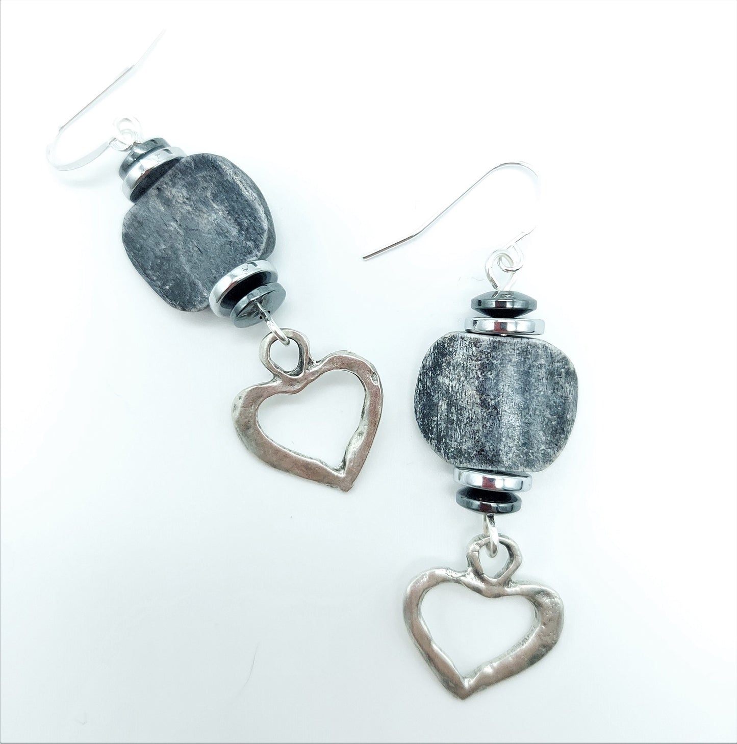 Striated Gray Carved Bone and Silver Zamak Heart Earrings