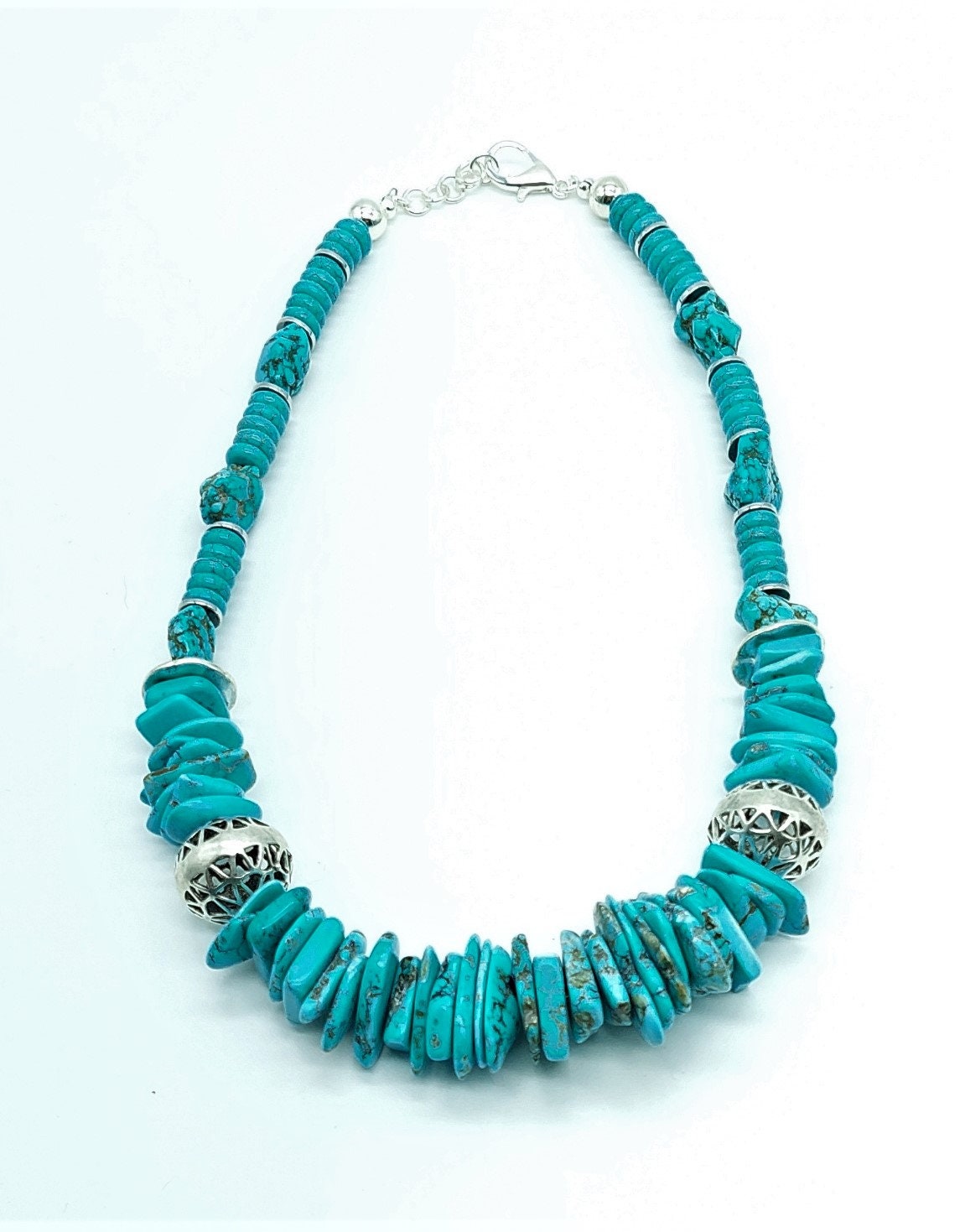 Turquoise Howlite Coin Disc Necklace with Silver Plated Beads