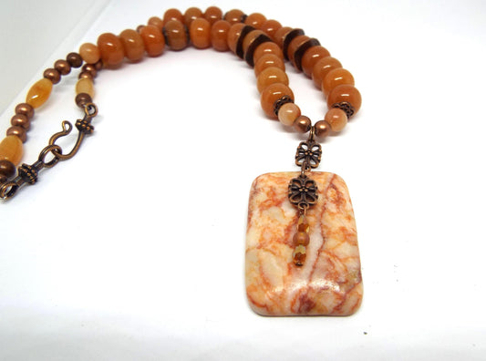 Orange Picasso Jasper Pendant with New Jade Beaded Necklace