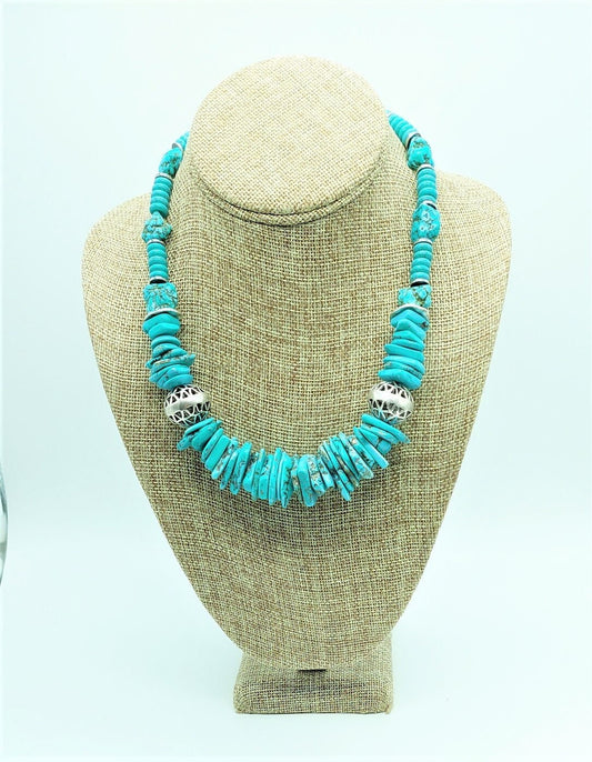 Turquoise Howlite Coin Disc Necklace with Silver Plated Beads