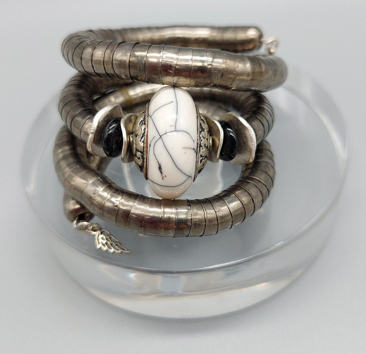 White vintage howlite Tibetan  bead wrap bracelet; Winged Penny Designs, Gift her him they