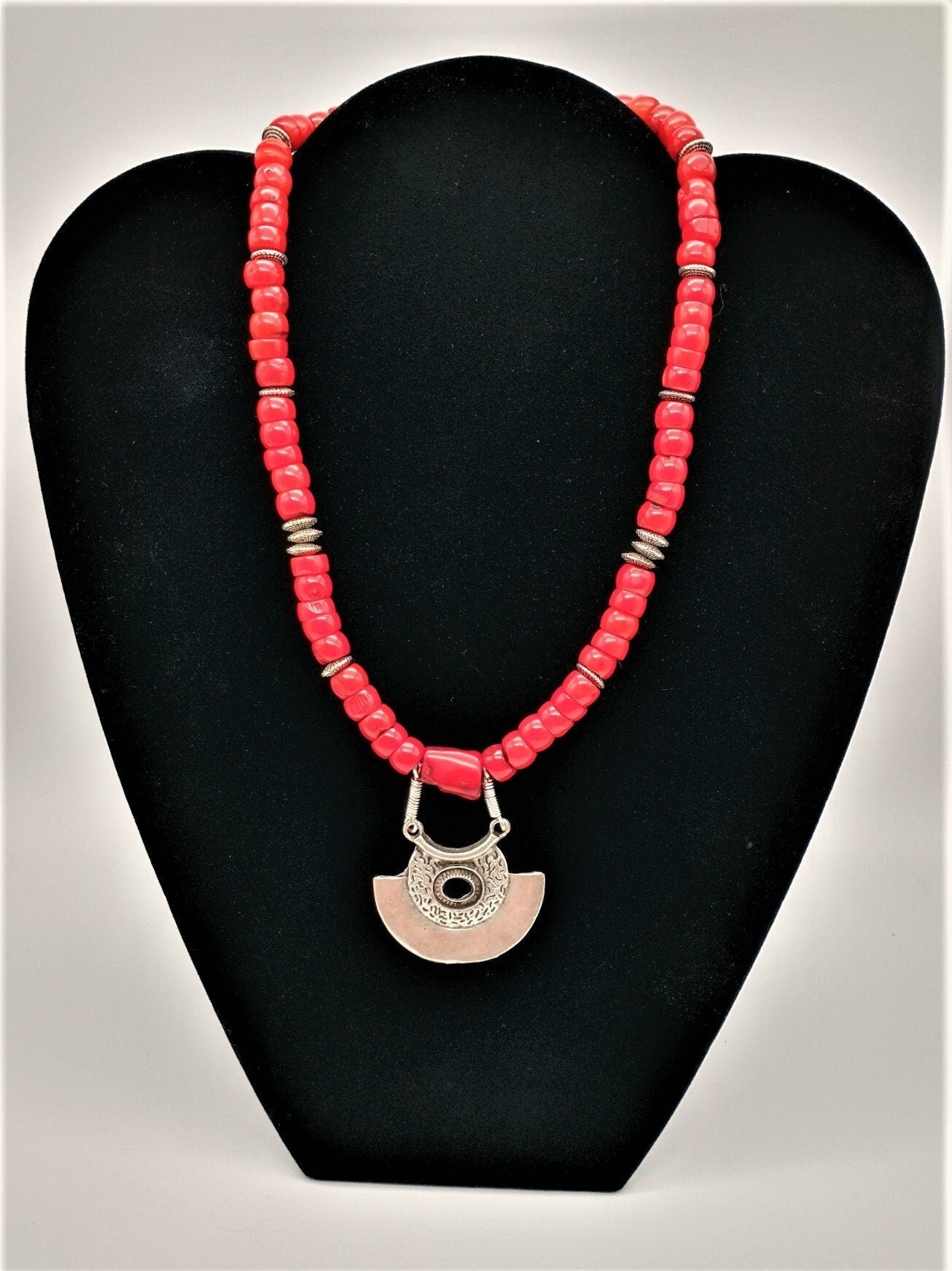 Red Coral Necklace with Turkish Silver Plated (Zamak) Pendant