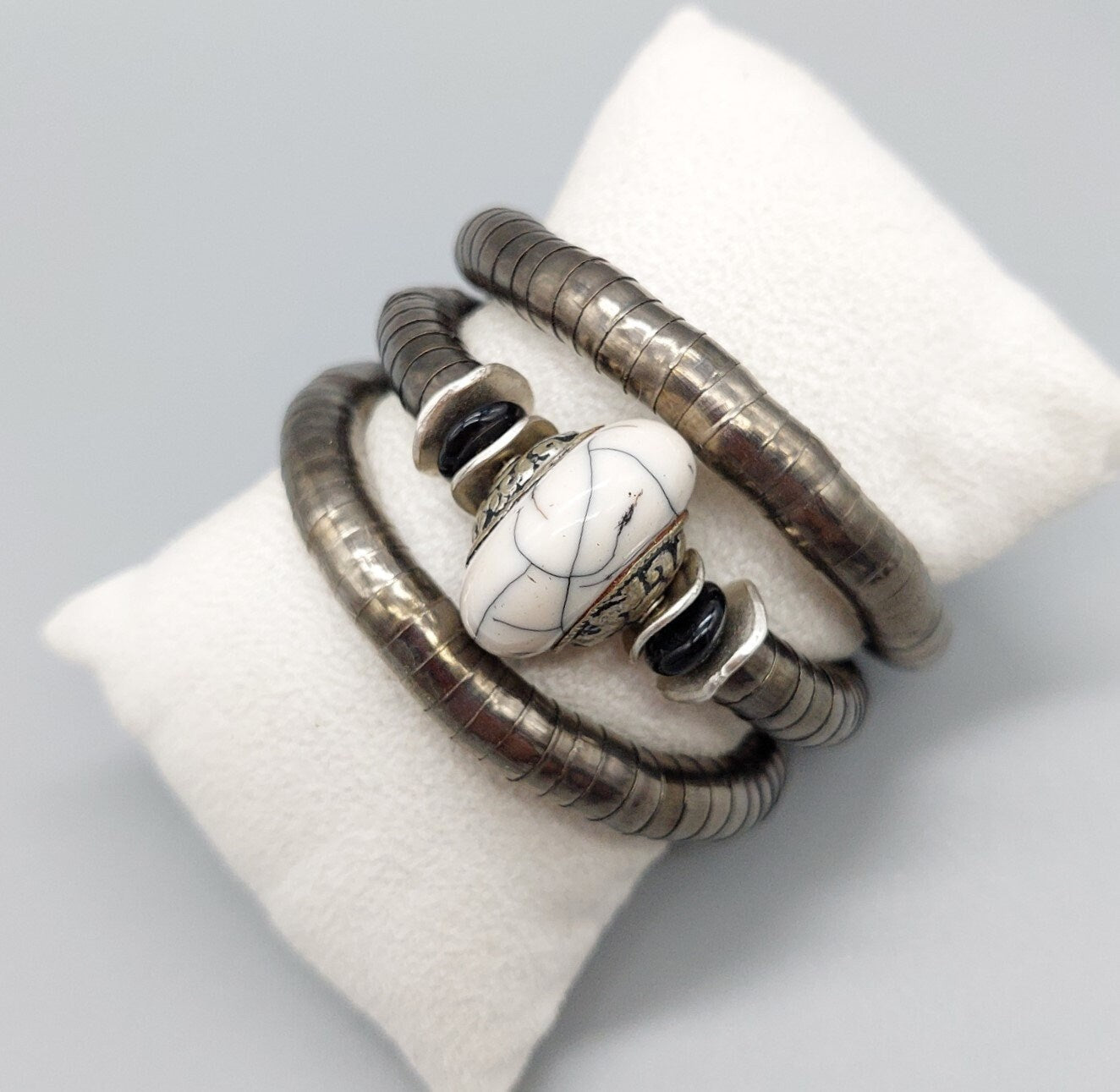 White vintage howlite Tibetan  bead wrap bracelet; Winged Penny Designs, Gift her him they