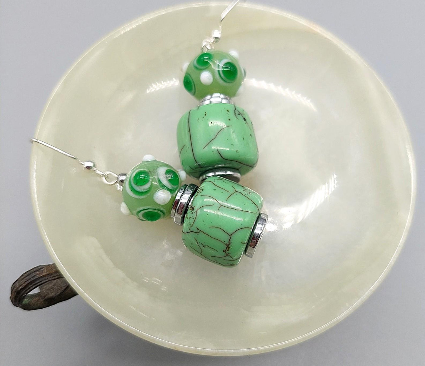 Minty Green Howlite and Lampwork Bead Earrings