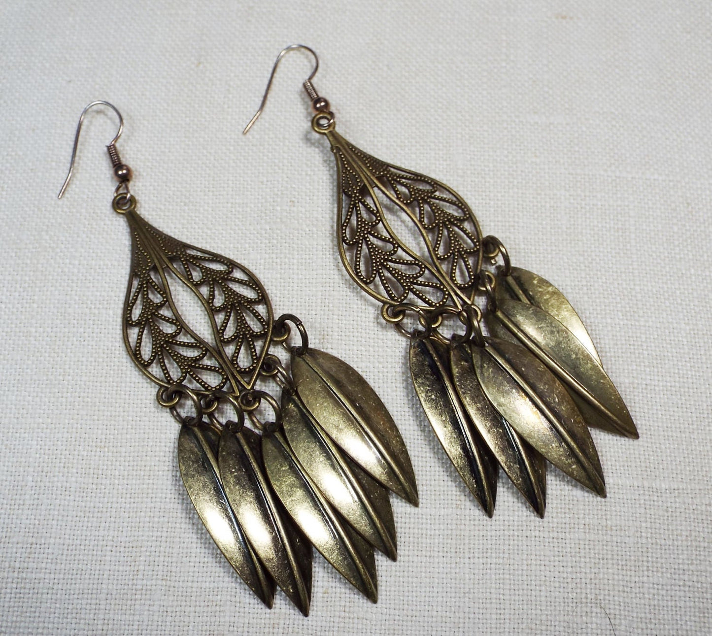 Lightweight Antiqued Gold Filigree Feather look Earrings