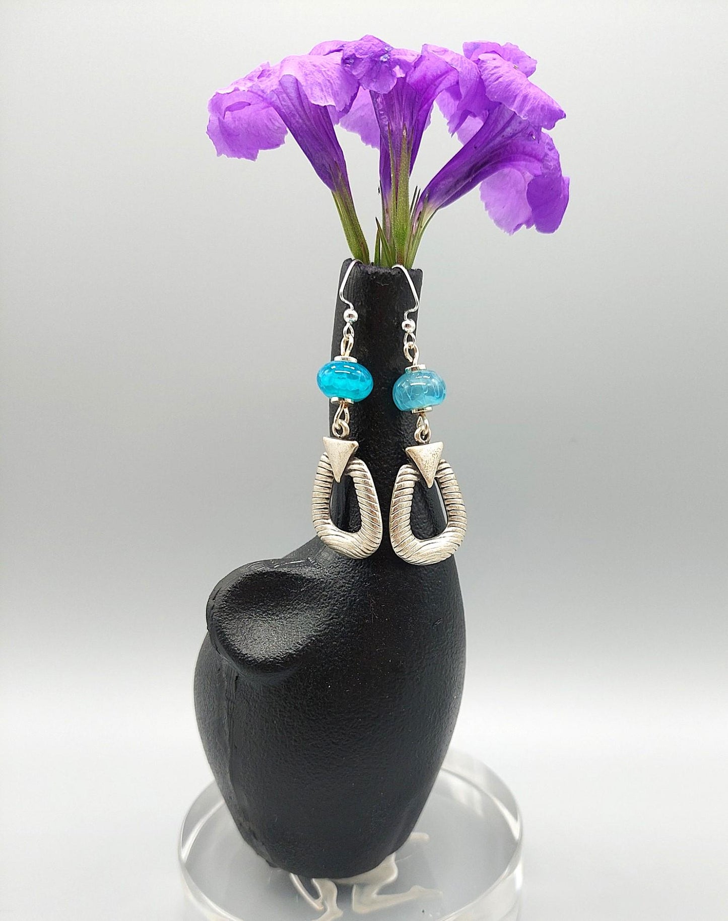 Aqua Agate Gemstone Bead Earrings with Textured Silver Zamak Dangles