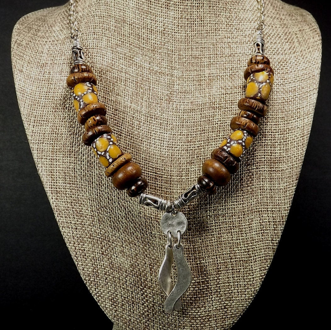 Chunky Brown and Gold African Trade Bead Necklace & Silver Pendant