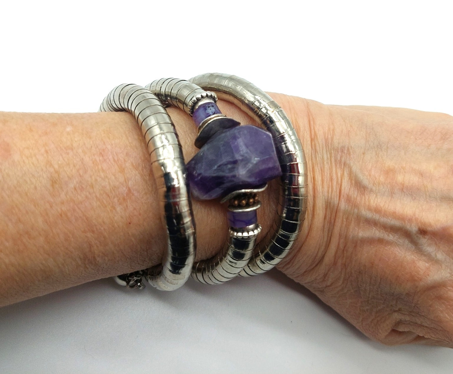 Chunky amethyst gemstone memory wire wrap bracelet
