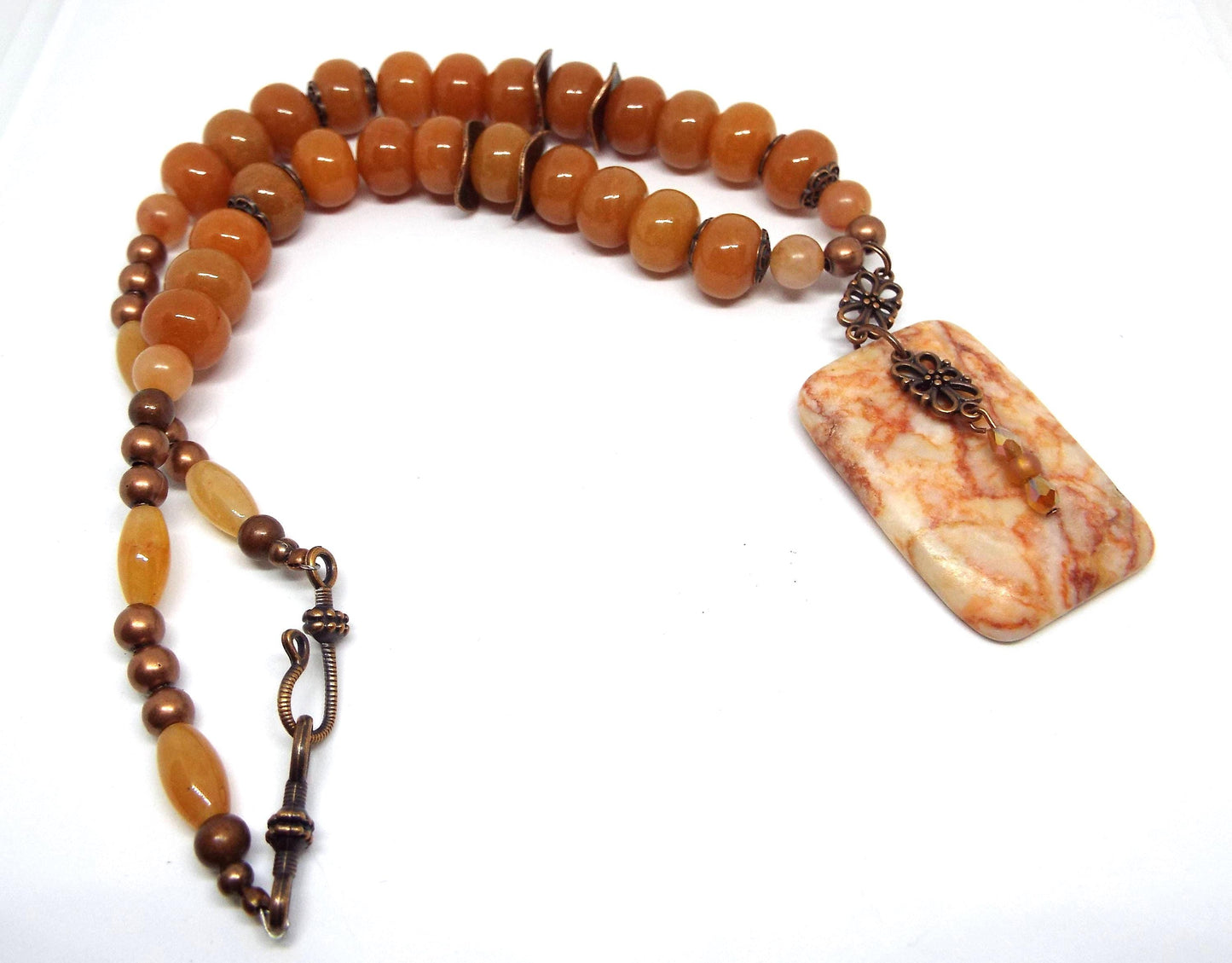 Orange Picasso Jasper Pendant with New Jade Beaded Necklace
