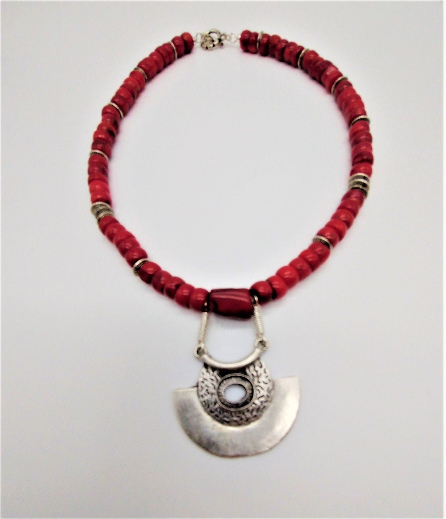 Red Coral Necklace with Turkish Silver Plated (Zamak) Pendant