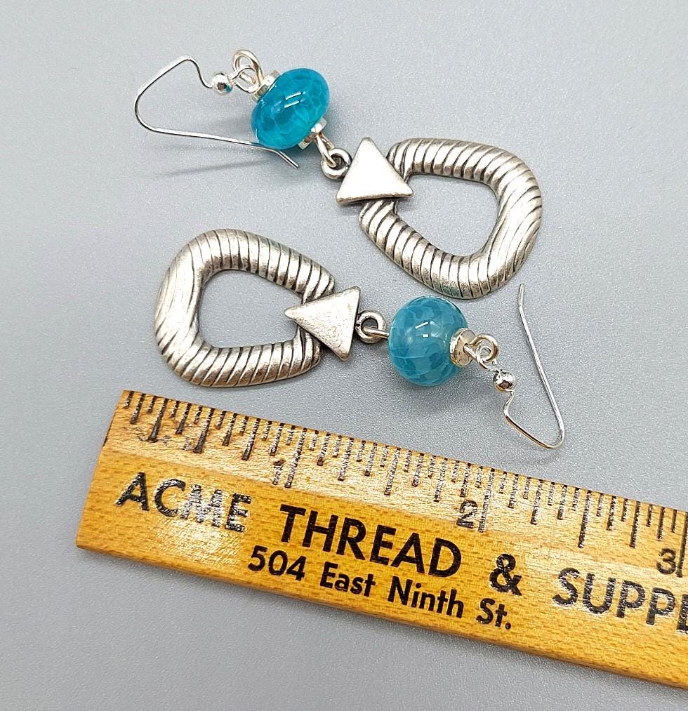 Aqua Agate Gemstone Bead Earrings with Textured Silver Zamak Dangles