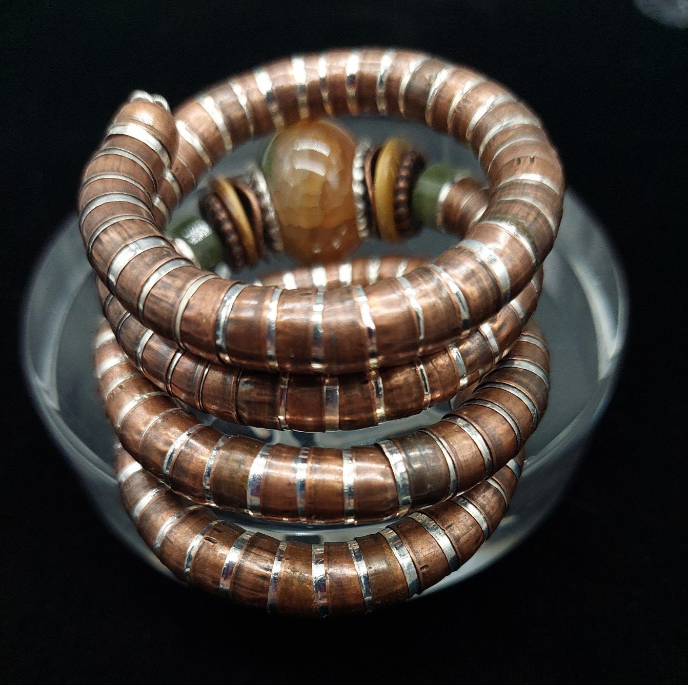 Honey color and moody green agate wrap bracelet